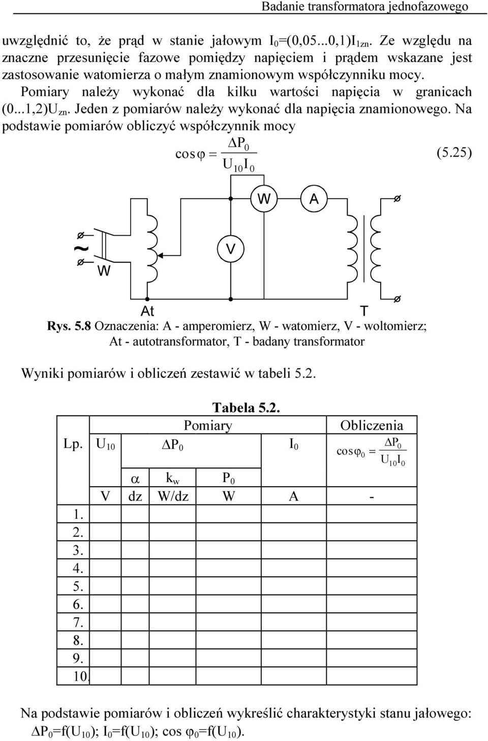 5) U I 0 0 Rys. 5.8 Onacenia: A - amperomier, W - watomier, V - woltomier; At - autotransformator, T - badany transformator Wyniki pomiarów i obliceń estawić w tabeli 5.. Tabela 5.. Pomiary Lp.