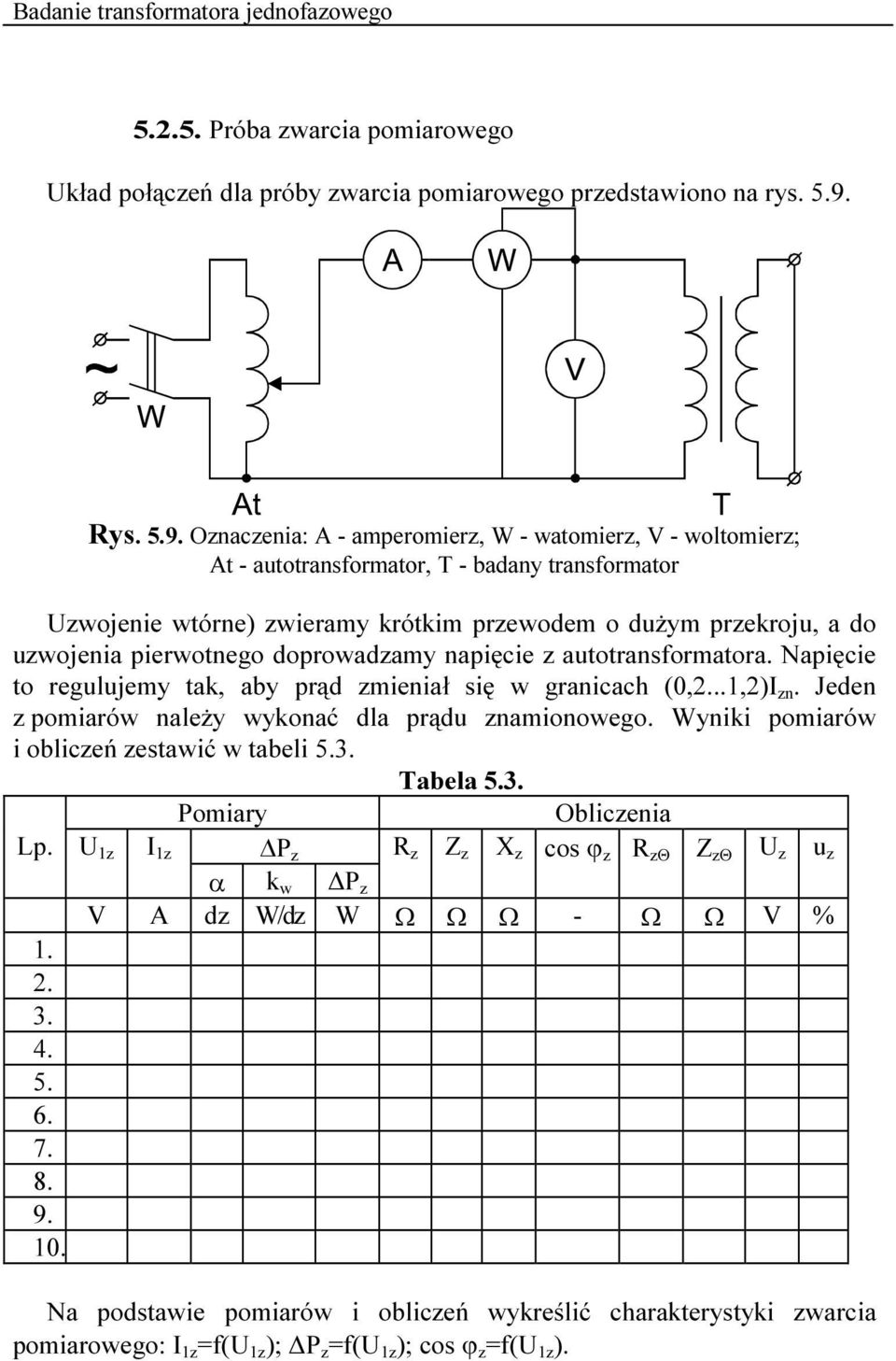 Onacenia: A - amperomier, W - watomier, V - woltomier; At - autotransformator, T - badany transformator Uwojenie wtórne) wieramy krótkim prewodem o dużym prekroju, a do uwojenia