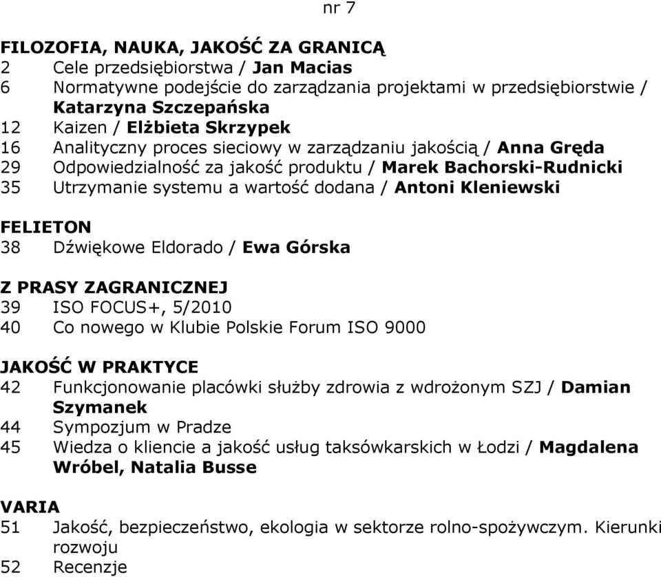 Dźwiękowe Eldorado / Ewa Górska 39 ISO FOCUS+, 5/2010 40 Co nowego w Klubie Polskie Forum ISO 9000 42 Funkcjonowanie placówki słuŝby zdrowia z wdroŝonym SZJ / Damian Szymanek 44