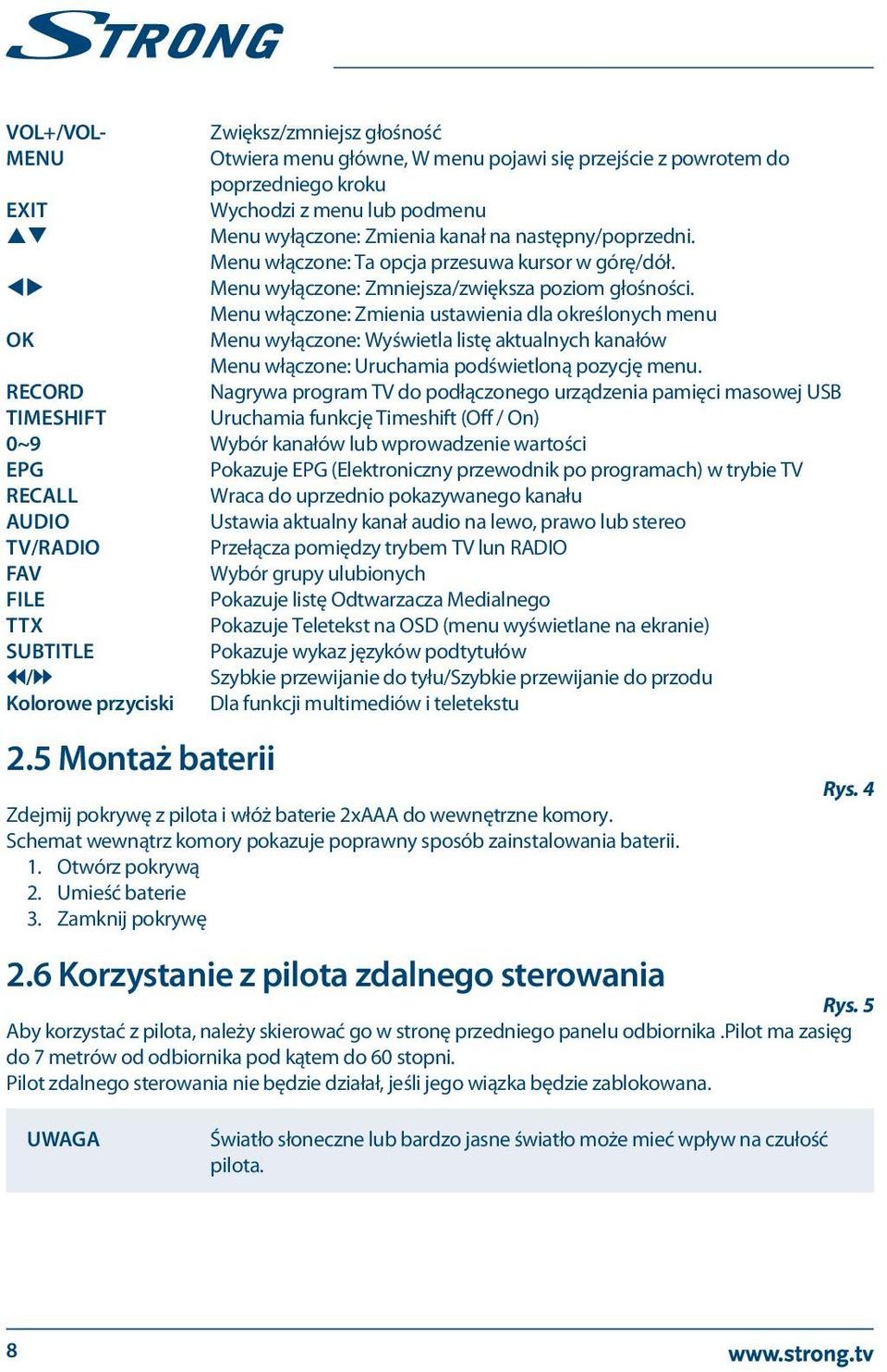 Menu włączone: Zmienia ustawienia dla określonych menu OK Menu wyłączone: Wyświetla listę aktualnych kanałów Menu włączone: Uruchamia podświetloną pozycję menu.