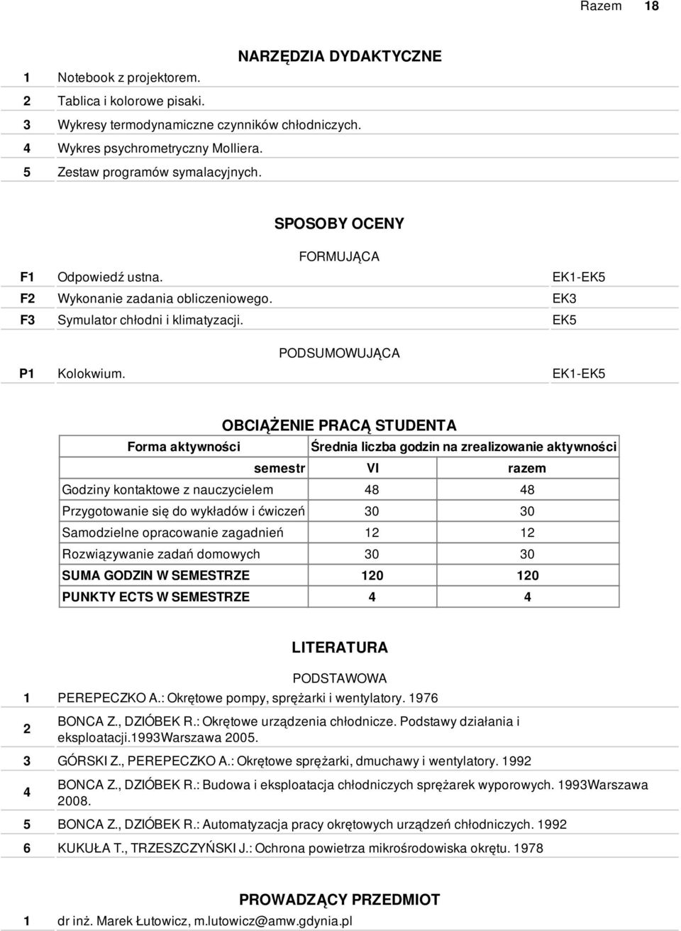 EK1-EK5 OBCIĄŻENIE PRACĄ STUDENTA Forma aktywności Średnia liczba godzin na zrealizowanie aktywności semestr VI razem Godziny kontaktowe z nauczycielem 48 48 Przygotowanie się do wykładów i ćwiczeń