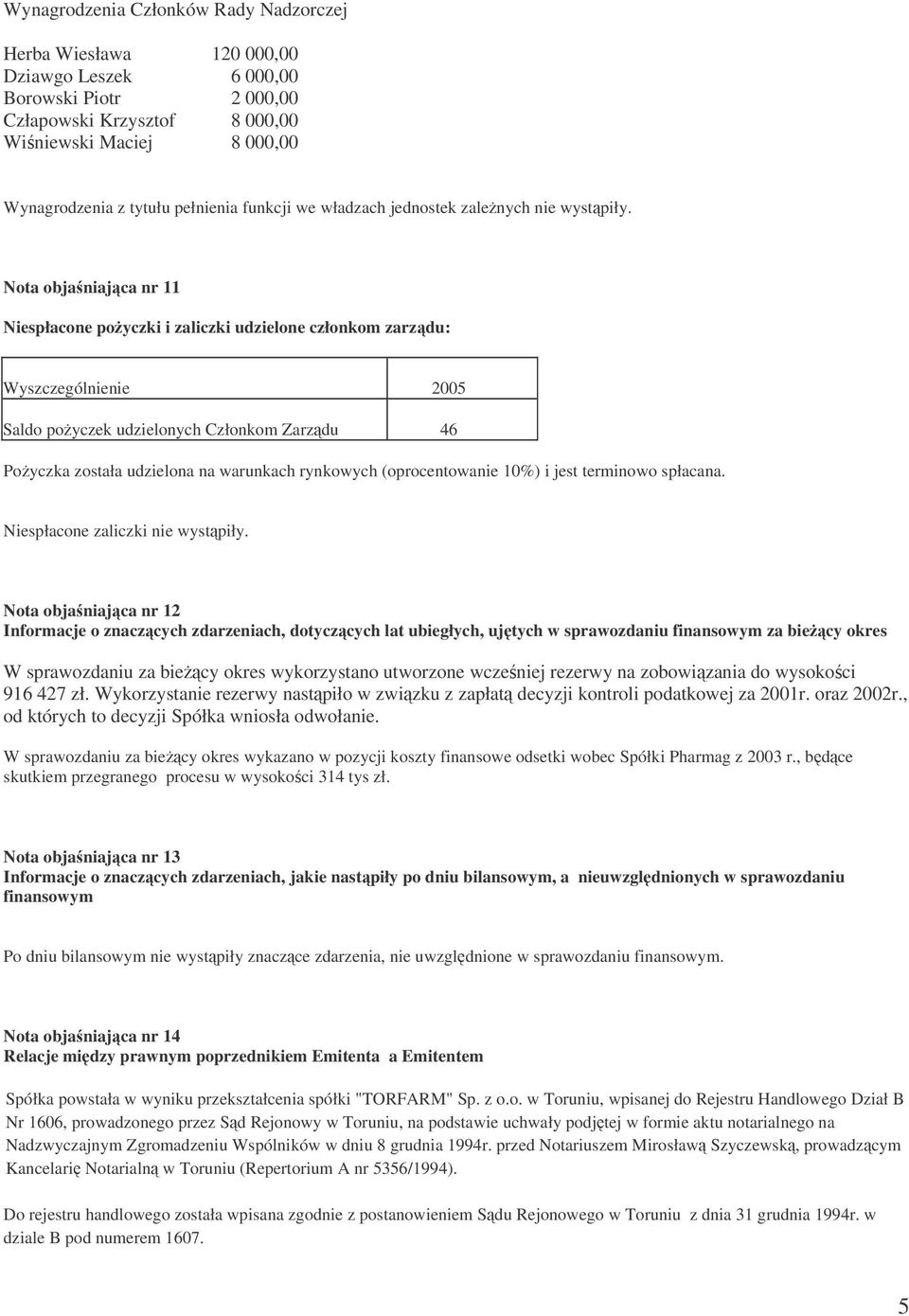 Nota objaniajca nr 11 Niespłacone poyczki i zaliczki udzielone członkom zarzdu: Wyszczególnienie 2005 Saldo poyczek udzielonych Członkom Zarzdu 46 Poyczka została udzielona na warunkach rynkowych