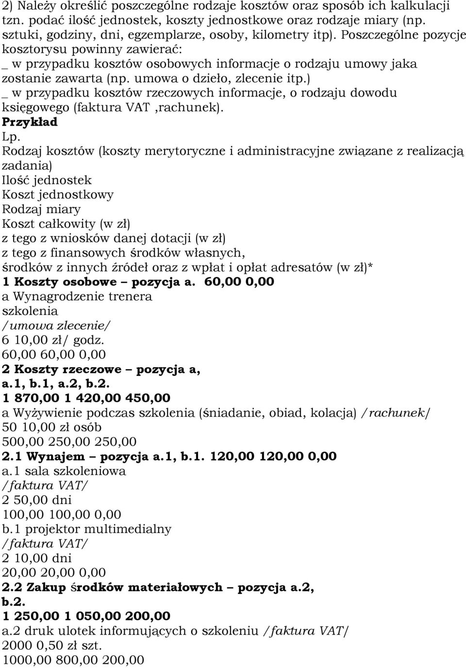 umowa o dzieło, zlecenie itp.) _ w przypadku kosztów rzeczowych informacje, o rodzaju dowodu księgowego (faktura VAT,rachunek). Przykład Lp.