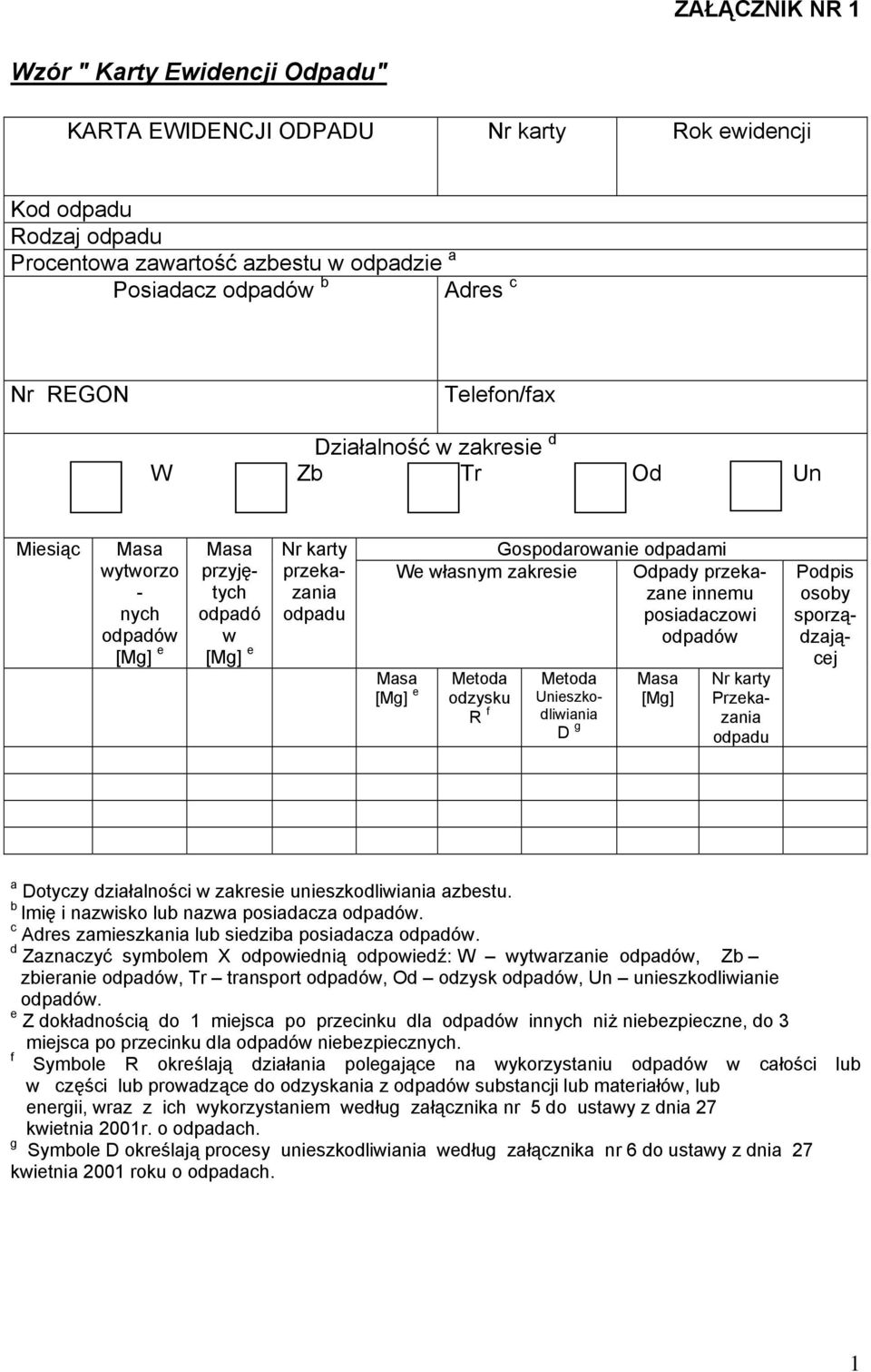 zakresie Odpady przekazane innemu posiadaczowi odpadów Masa [Mg] e Metoda odzysku R f Metoda Unieszkodliwiania D g Masa [Mg] Nr karty Przekazania odpadu Podpis osoby sporządzającej a Dotyczy