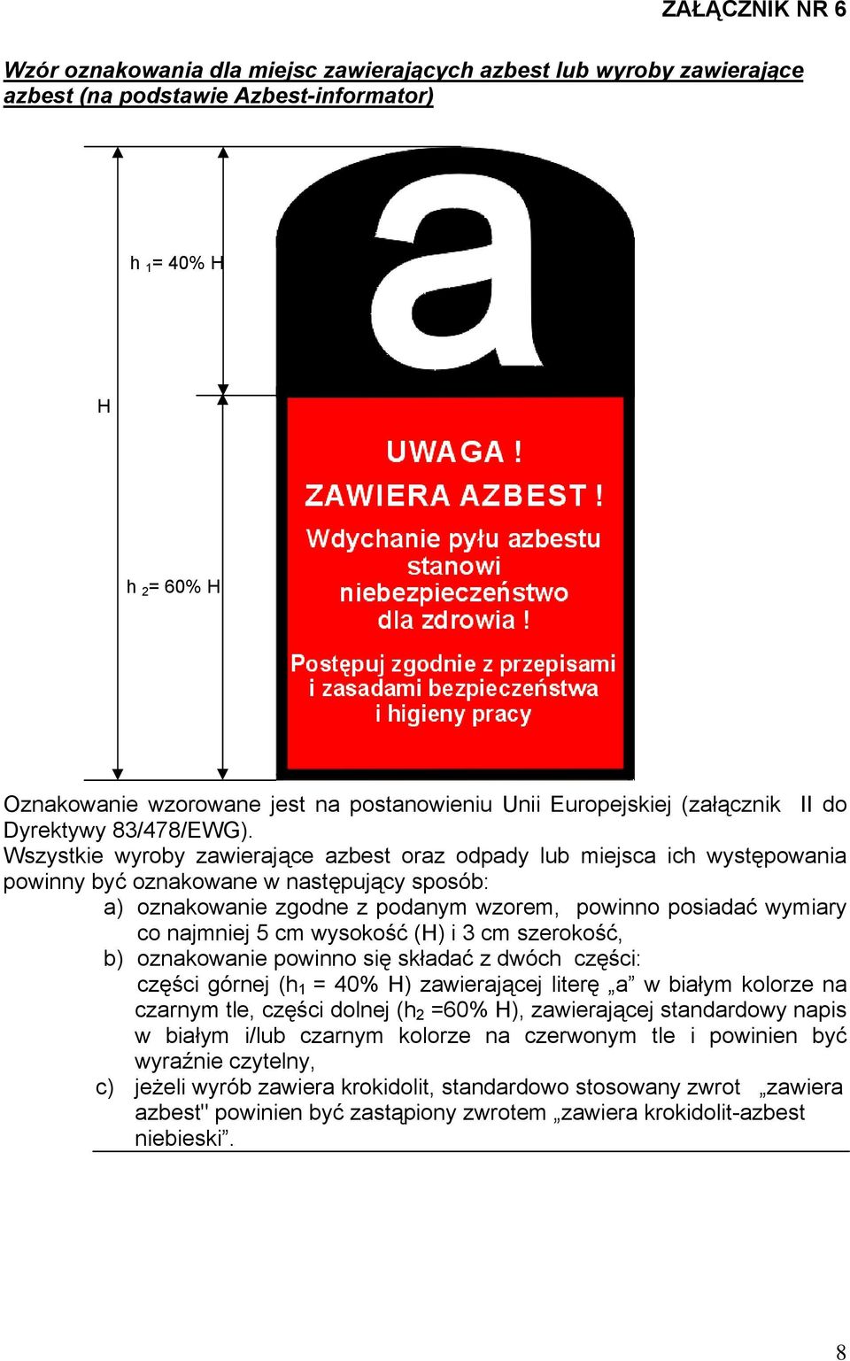 Wszystkie wyroby zawierające azbest oraz odpady lub miejsca ich występowania powinny być oznakowane w następujący sposób: a) oznakowanie zgodne z podanym wzorem, powinno posiadać wymiary co najmniej