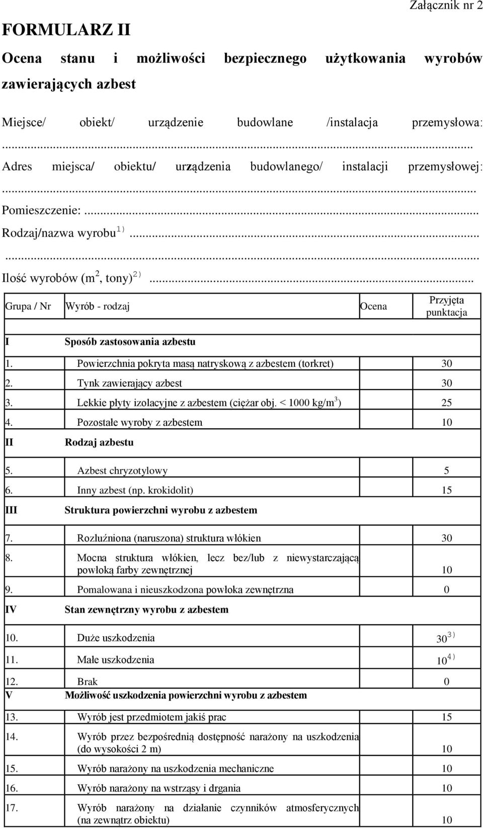 .. Grupa / Nr Wyrób - rodzaj Ocena Przyjęta punktacja I Sposób zastosowania azbestu 1. Powierzchnia pokryta masą natryskową z azbestem (torkret) 30 2. Tynk zawierający azbest 30 3.