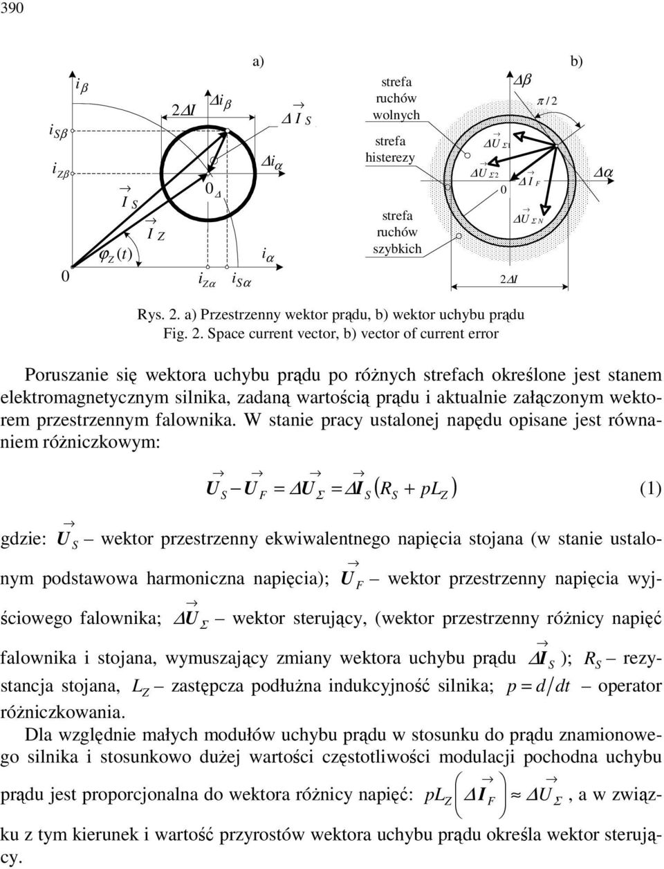 . pace current vector, b) vector of current error Poruszanie się wektora uchybu prądu po różnych strefach określone jest stanem elektromagnetycznym silnika, zadaną wartością prądu i aktualnie