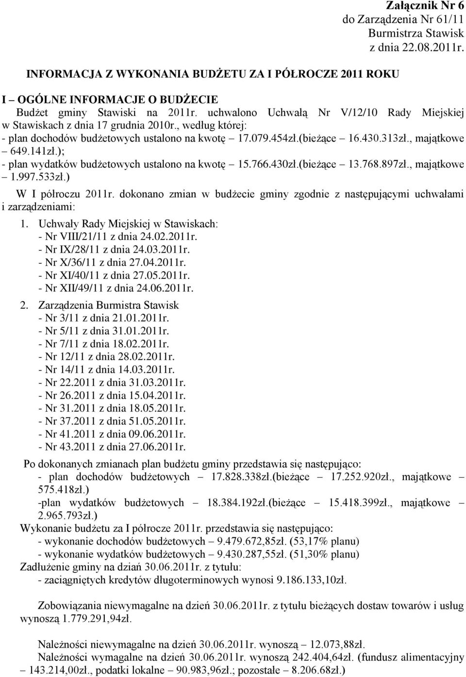 141zł.); - plan wydatków budżetowych ustalono na kwotę 15.766.430zł.(bieżące 13.768.897zł., majątkowe 1.997.533zł.) W I półroczu 2011r.