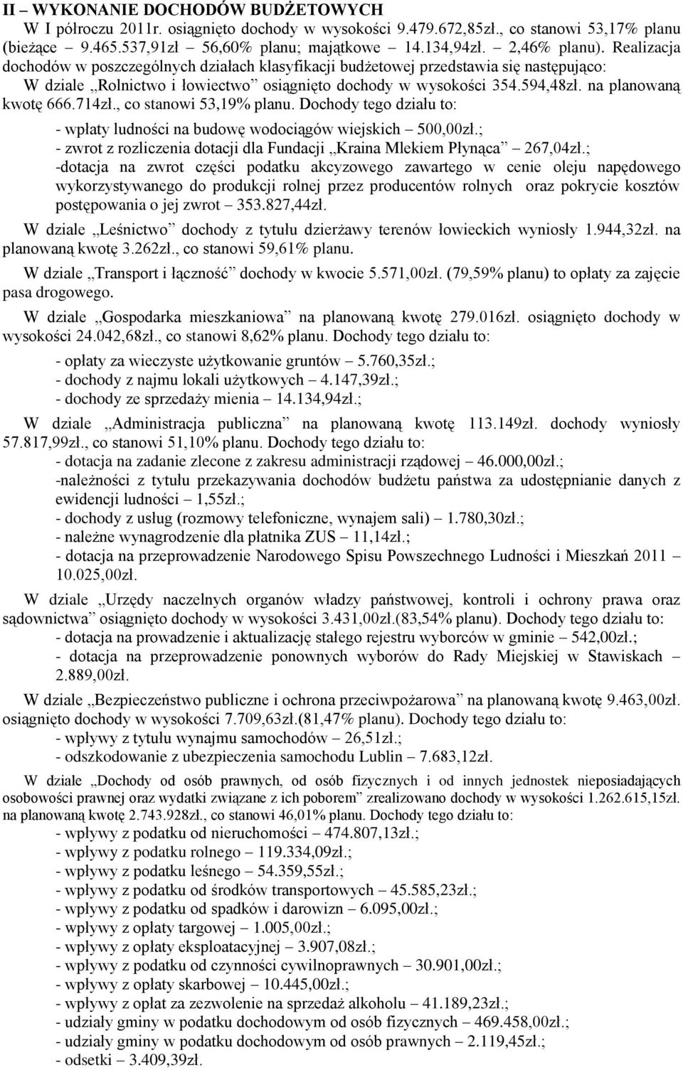 714zł., co stanowi 53,19% planu. Dochody tego działu to: - wpłaty ludności na budowę wodociągów wiejskich 500,00zł.; - zwrot z rozliczenia dotacji dla Fundacji Kraina Mlekiem Płynąca 267,04zł.