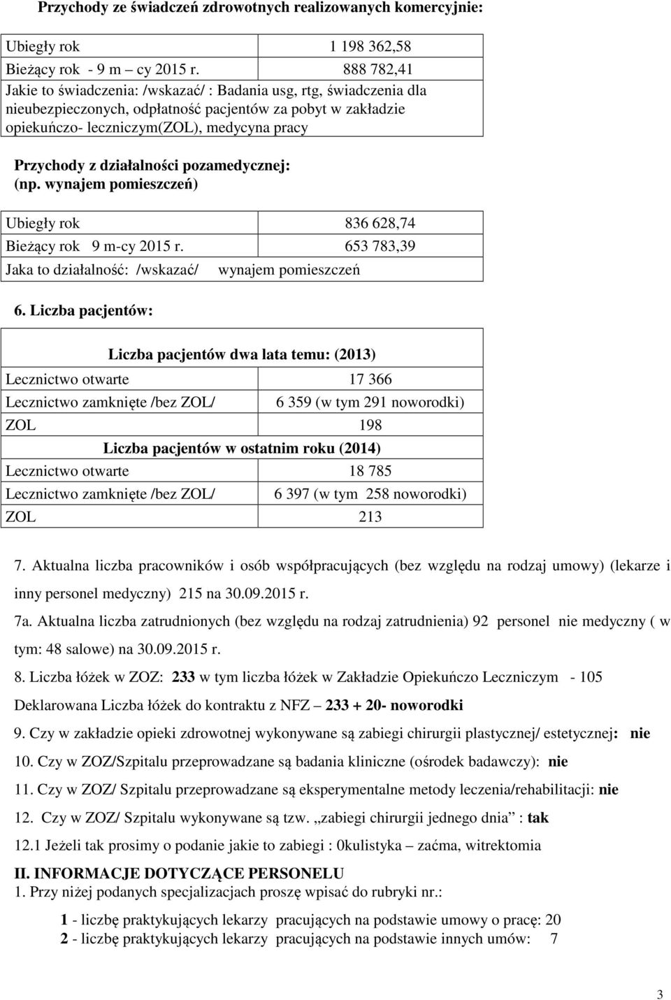 działalności pozamedycznej: (np. wynajem pomieszczeń) Ubiegły rok 836 628,74 Bieżący rok 9 m-cy 2015 r. 653 783,39 Jaka to działalność: /wskazać/ 6.