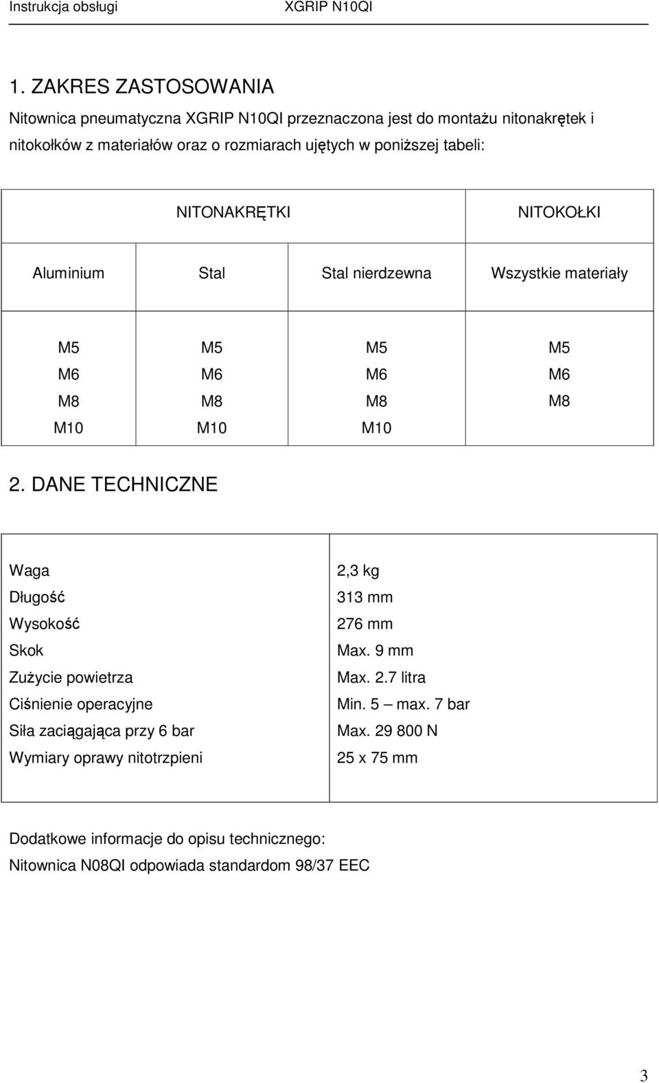 DANE TECHNICZNE Waga Długość Wysokość Skok Zużycie powietrza Ciśnienie operacyjne Siła zaciągająca przy 6 bar Wymiary oprawy nitotrzpieni 2,3 kg 313