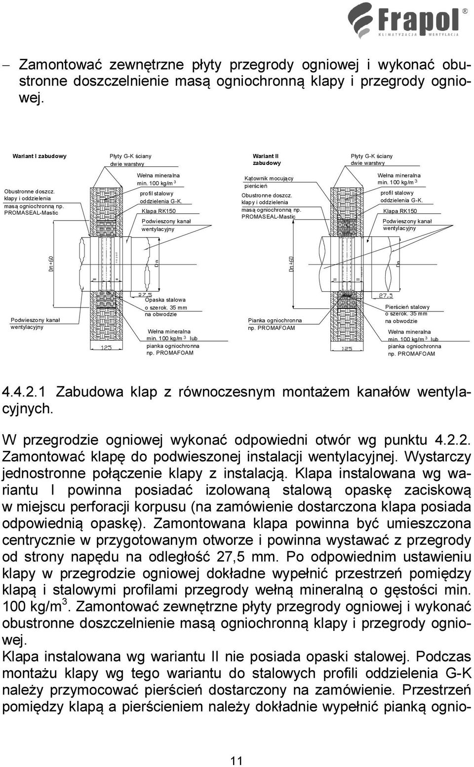 100 kg/m 3 profil stalowy oddzielenia G-K. Klapa RK150 Podwieszony kanał wentylacyjny Kątownik mocujący pierścień Obustronne doszcz. klapy i oddzielenia masą ogniochronną np.