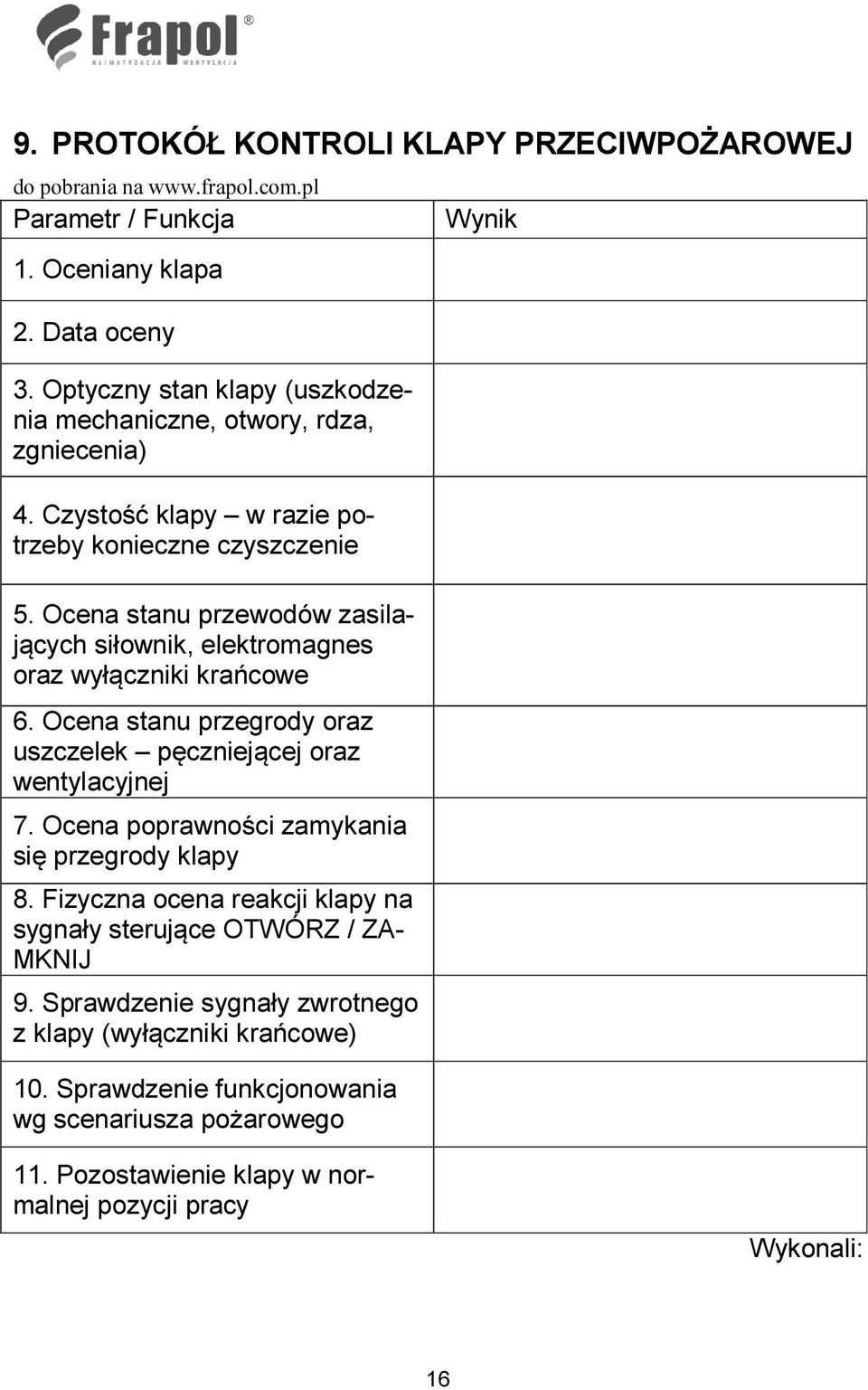 Ocena stanu przewodów zasilających siłownik, elektromagnes oraz wyłączniki krańcowe 6. Ocena stanu przegrody oraz uszczelek pęczniejącej oraz wentylacyjnej 7.