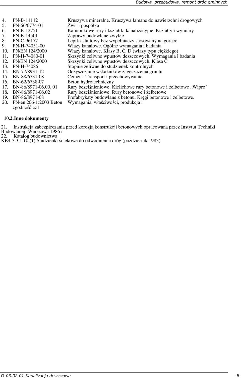 Klasy B, C, D (włazy typu cięŝkiego) 11. PN-H-74080-01 Skrzynki Ŝeliwne wpustów deszczowych. Wymagania i badania 12. PN/EN 124/2000 Skrzynki Ŝeliwne wpustów deszczowych. Klasa C 13.