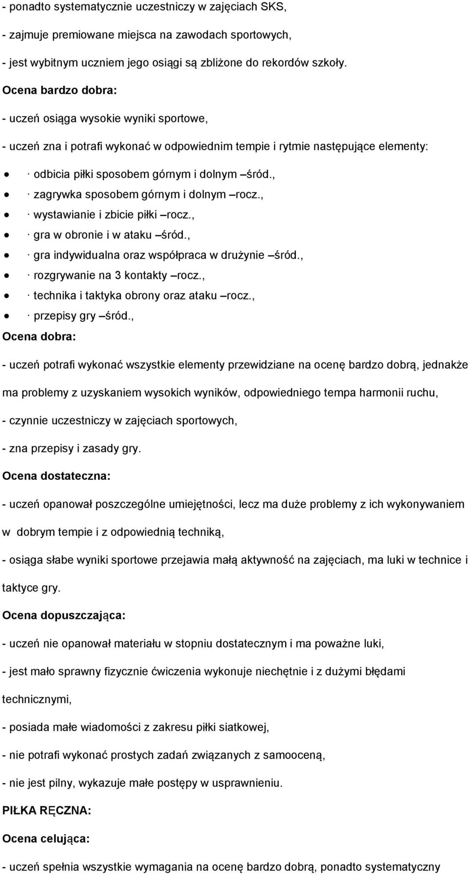 , wystawianie i zbicie piłki rocz., gra w obronie i w ataku śród., gra indywidualna oraz współpraca w drużynie śród., rozgrywanie na 3 kontakty rocz., technika i taktyka obrony oraz ataku rocz.