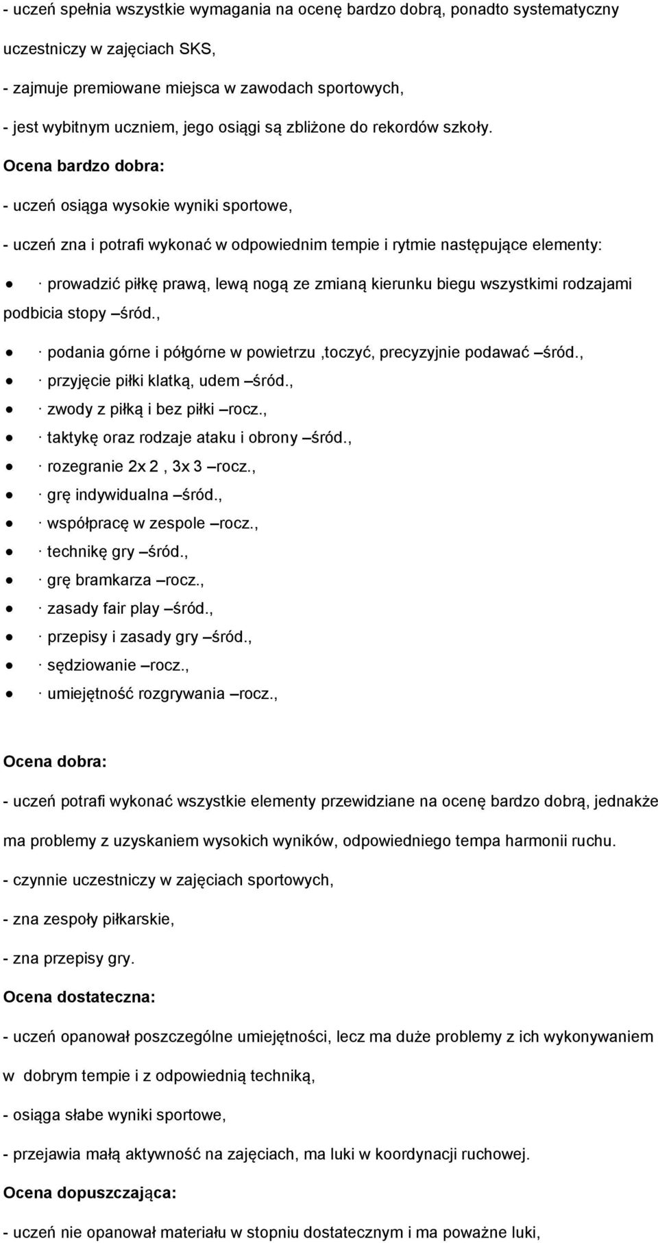 , podania górne i półgórne w powietrzu,toczyć, precyzyjnie podawać śród., przyjęcie piłki klatką, udem śród., zwody z piłką i bez piłki rocz., taktykę oraz rodzaje ataku i obrony śród.