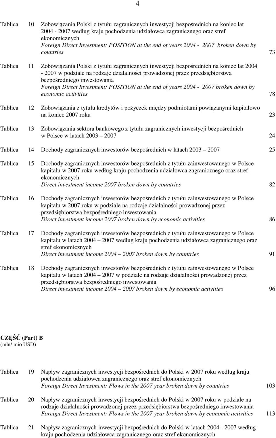 prowadzonej przez przedsiębiorstwa bezpośredniego inwestowania Foreign Direct Investment: POSITION at the end of years 2004-2007 broken down by economic activities 78 Tablica 12 z tytułu kredytów i