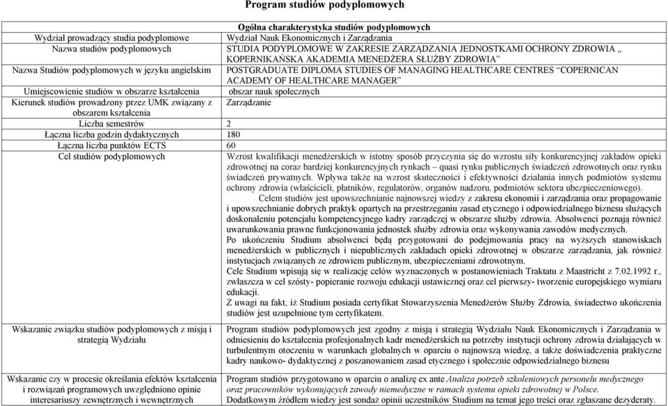 HEALTHCARE CENTRES COPERNICAN ACADEMY OF HEALTHCARE MANAGER Umiejscowienie studiów w obszarze kształcenia obszar nauk społecznych Kierunek studiów prowadzony przez UMK związany z Zarządzanie obszarem