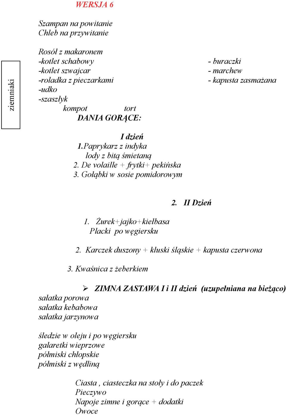 Żurek+jajko+kiełbasa Placki po węgiersku 2. Karczek duszony + kluski śląskie + kapusta czerwona 3.