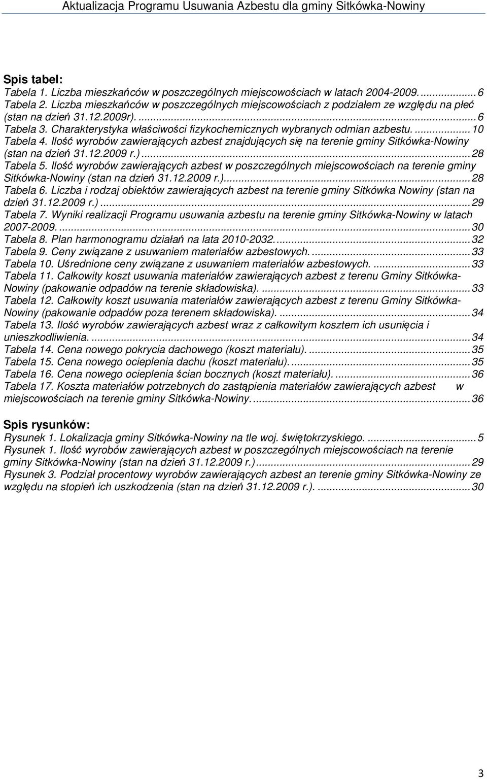 ... 10 Tabela 4. Ilość wyrobów zawierających azbest znajdujących się na terenie gminy Sitkówka-Nowiny (stan na dzień 31.12.2009 r.)... 28 Tabela 5.
