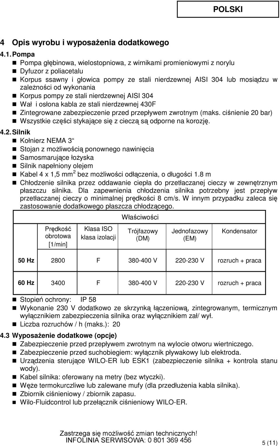 pompy ze stali nierdzewnej AISI 304 Wał i osłona kabla ze stali nierdzewnej 430F Zintegrowane zabezpieczenie przed przepływem zwrotnym (maks.