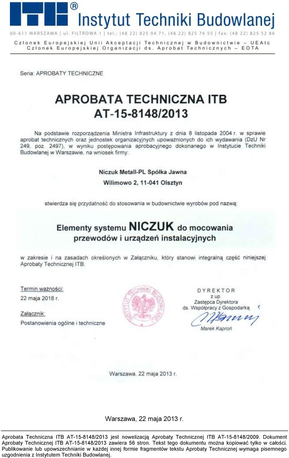 Dokument Aprobaty Technicznej ITB AT-15-8148/2013 zawiera 56 stron.