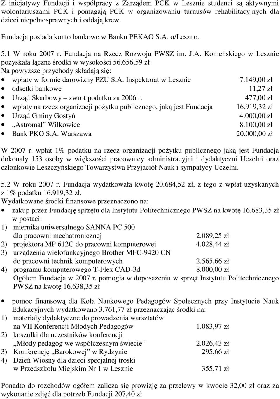 656,59 zł Na powyŝsze przychody składają się: wpłaty w formie darowizny PZU S.A. Inspektorat w Lesznie 7.149,00 zł odsetki bankowe 11,27 zł Urząd Skarbowy zwrot podatku za 2006 r.