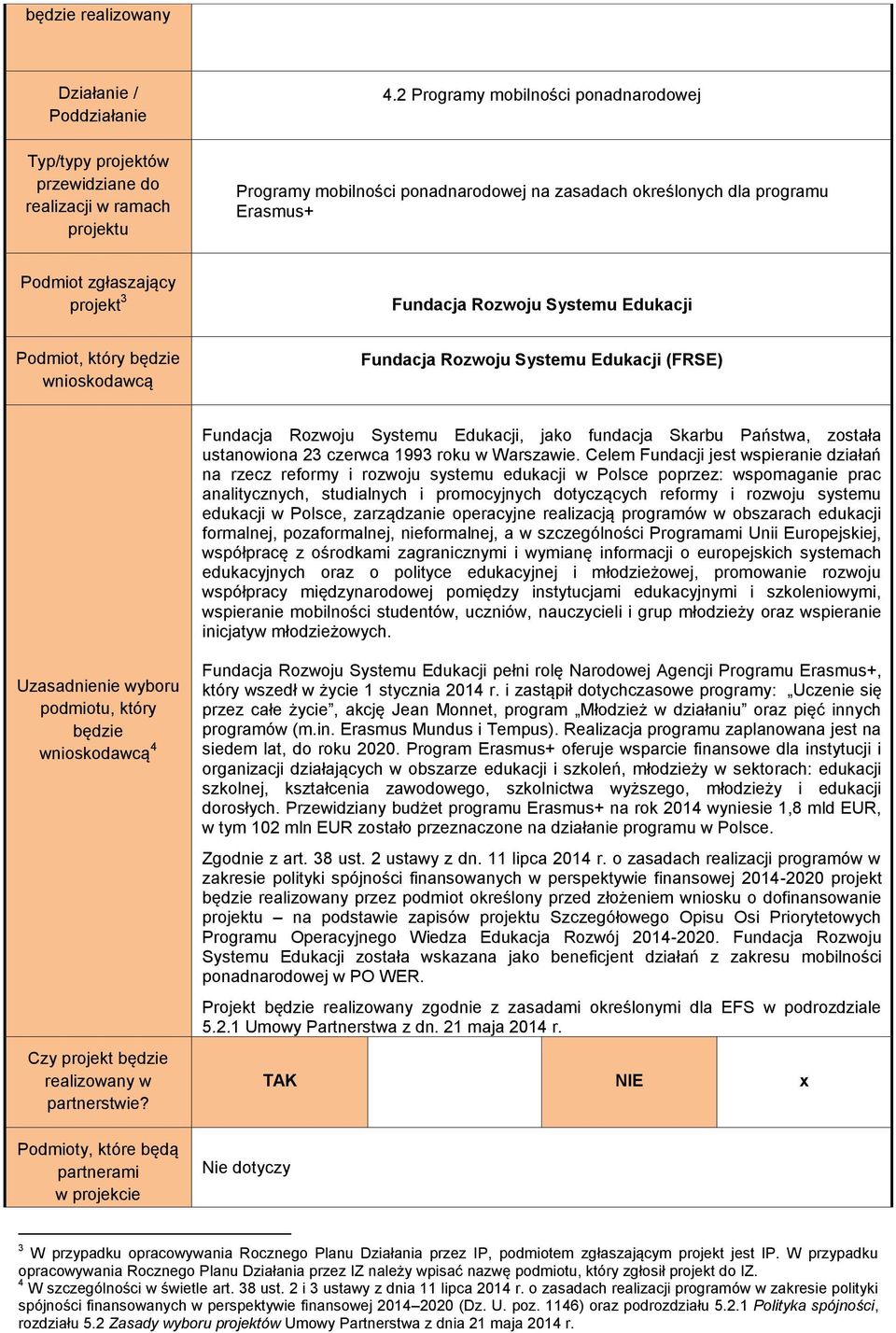 będzie wnioskodawcą Fundacja Rozwoju Systemu Edukacji (FRSE) Fundacja Rozwoju Systemu Edukacji, jako fundacja Skarbu Państwa, została ustanowiona 23 czerwca 1993 roku w Warszawie.