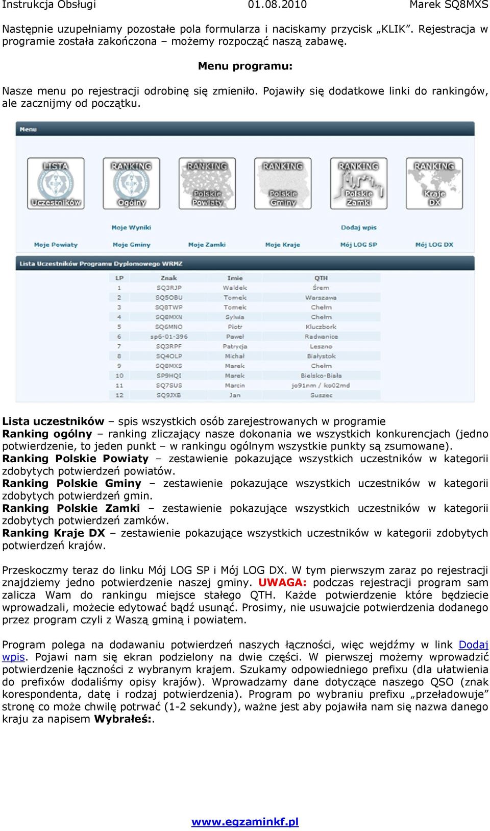 Lista uczestników spis wszystkich osób zarejestrowanych w programie Ranking ogólny ranking zliczający nasze dokonania we wszystkich konkurencjach (jedno potwierdzenie, to jeden punkt w rankingu