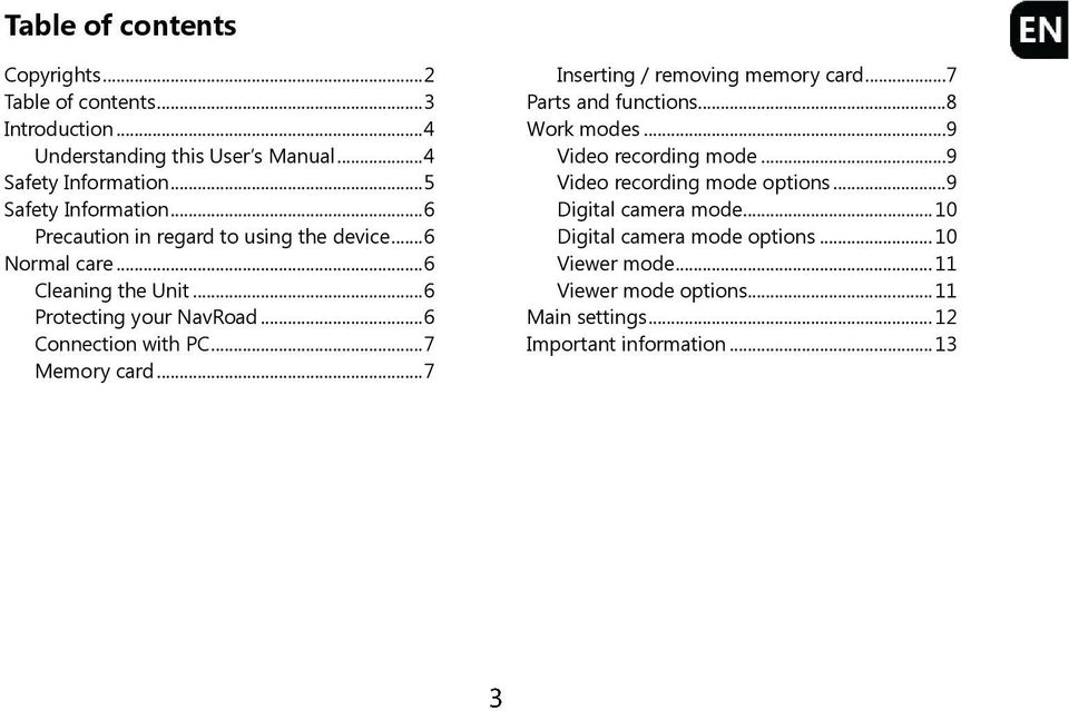 .. 6 Connection with PC... 7 Memory card... 7 Inserting / removing memory card...7 Parts and functions...8 Work modes...9 Video recording mode.