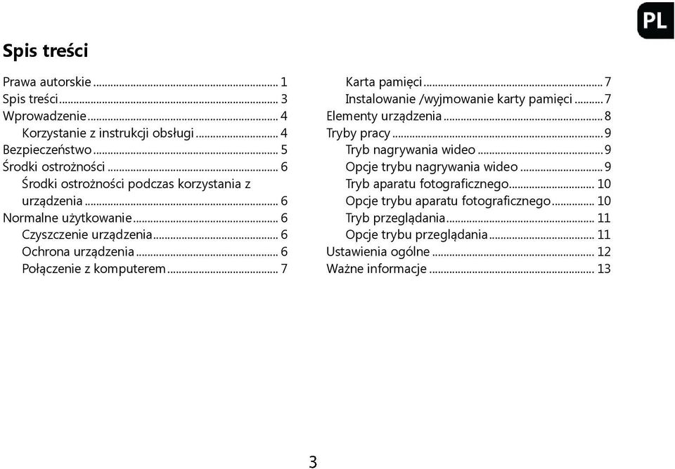 .. 7 Karta pamięci... 7 Instalowanie /wyjmowanie karty pamięci... 7 Elementy urządzenia... 8 Tryby pracy... 9 Tryb nagrywania wideo... 9 Opcje trybu nagrywania wideo.