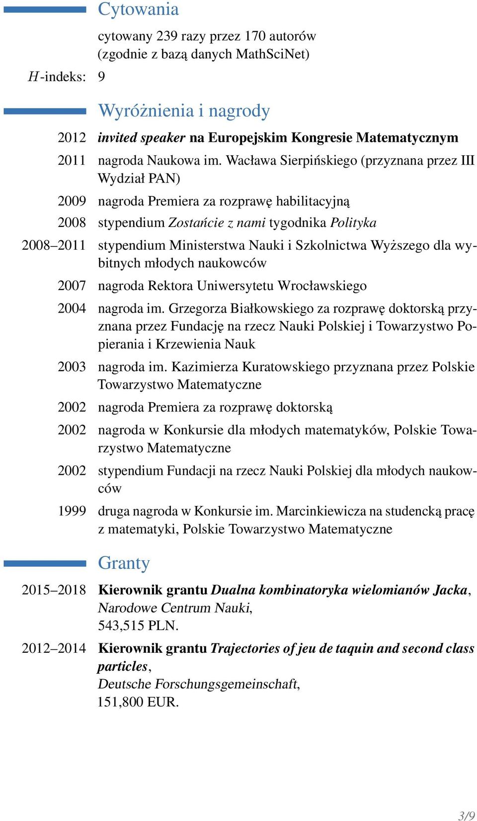 Szkolnictwa Wyższego dla wybitnych młodych naukowców 2007 nagroda Rektora Uniwersytetu Wrocławskiego 2004 nagroda im.