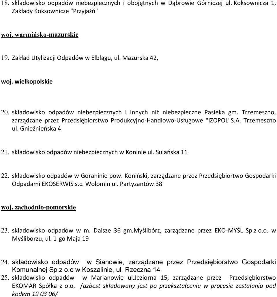 Trzemeszno ul. Gnieźnieńska 4 21. składowisko odpadów niebezpiecznych w Koninie ul. Sulańska 11 22. składowisko odpadów w Goraninie pow.