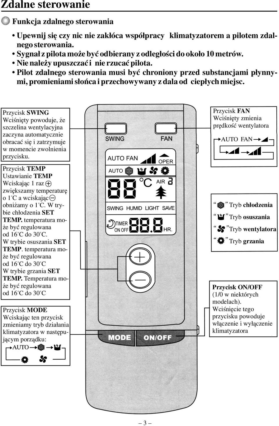 Pilot zdalnego sterowania musi byæ chroniony przed substancjami p³ynnymi, promieniami s³oñca i przechowywany z dala od ciep³ych miejsc.