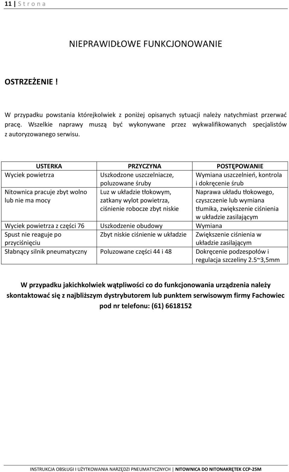 USTERKA PRZYCZYNA POSTĘPOWANIE Wyciek powietrza Uszkodzone uszczelniacze, poluzowane śruby Wymiana uszczelnieo, kontrola i dokręcenie śrub Nitownica pracuje zbyt wolno lub nie ma mocy Luz w układzie