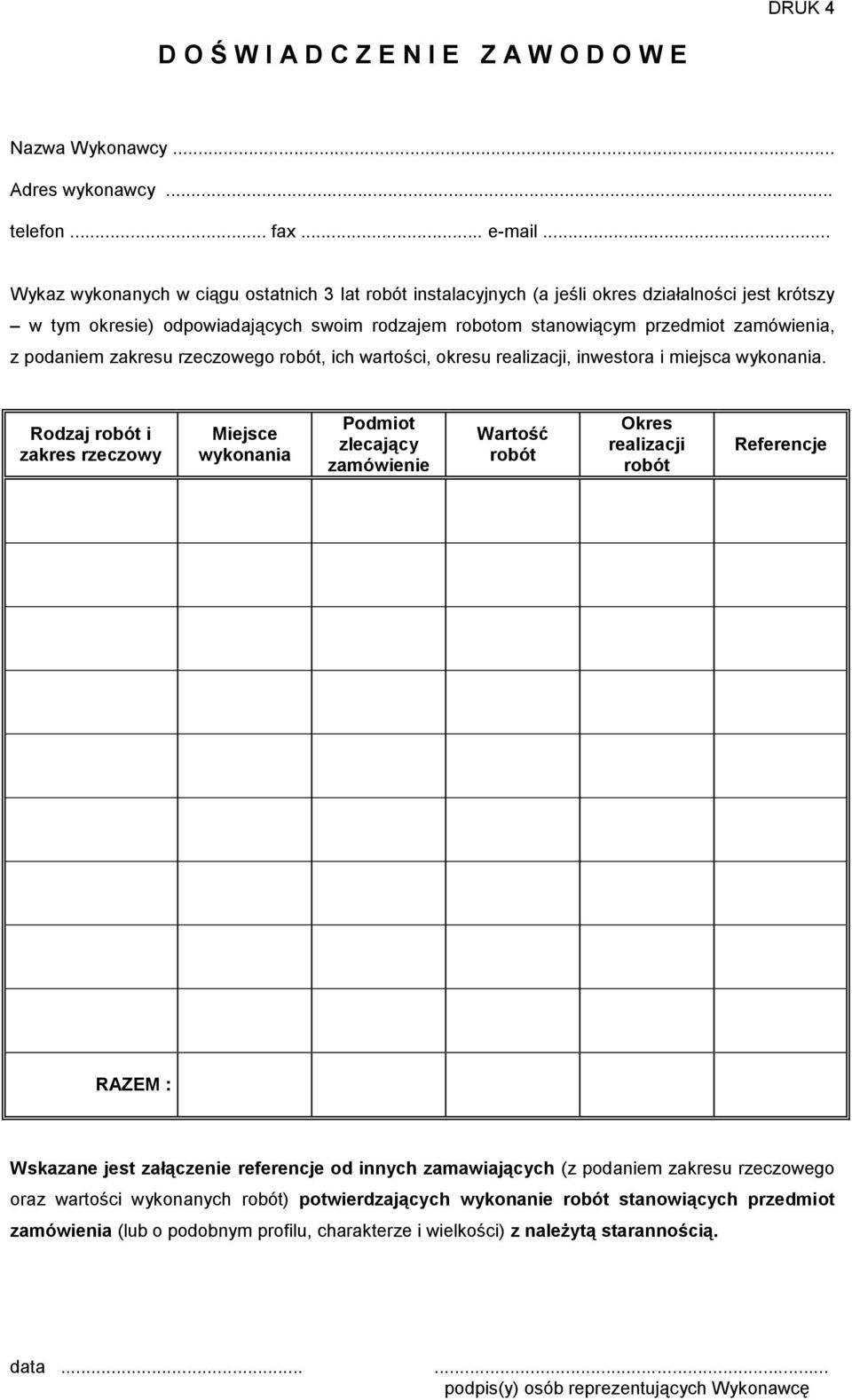 podaniem zakresu rzeczowego robót, ich wartości, okresu realizacji, inwestora i miejsca wykonania.