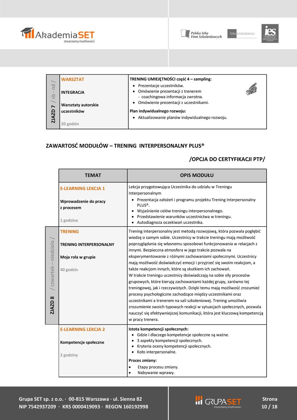 ZAWARTOSĆ MODUŁÓW TRENING INTERPERSONALNY PLUS /OPCJA DO CERTYFIKACJI PTP/ ZJAZD 8 / czwartek niedziela / TEMAT E-LEARNING LEKCJA 1 Wprowadzenie do pracy z procesem TRENING TRENING INTERPERSONALNY