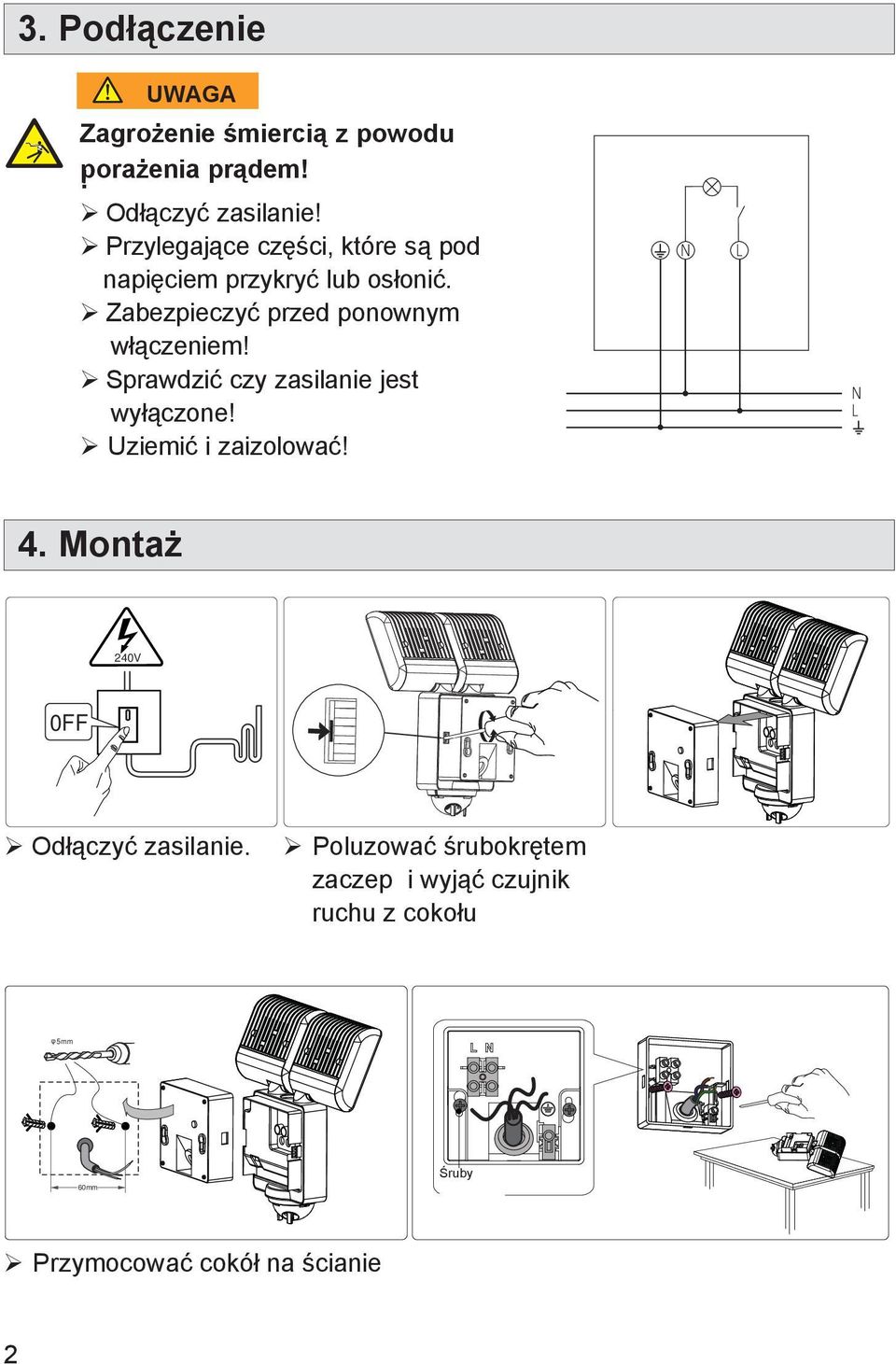 Sprawdzić czy zasilanie jest wyłączone! Uziemić i zaizolować! N L N L 4. Montaż 2V 0FF Odłączyć zasilanie.