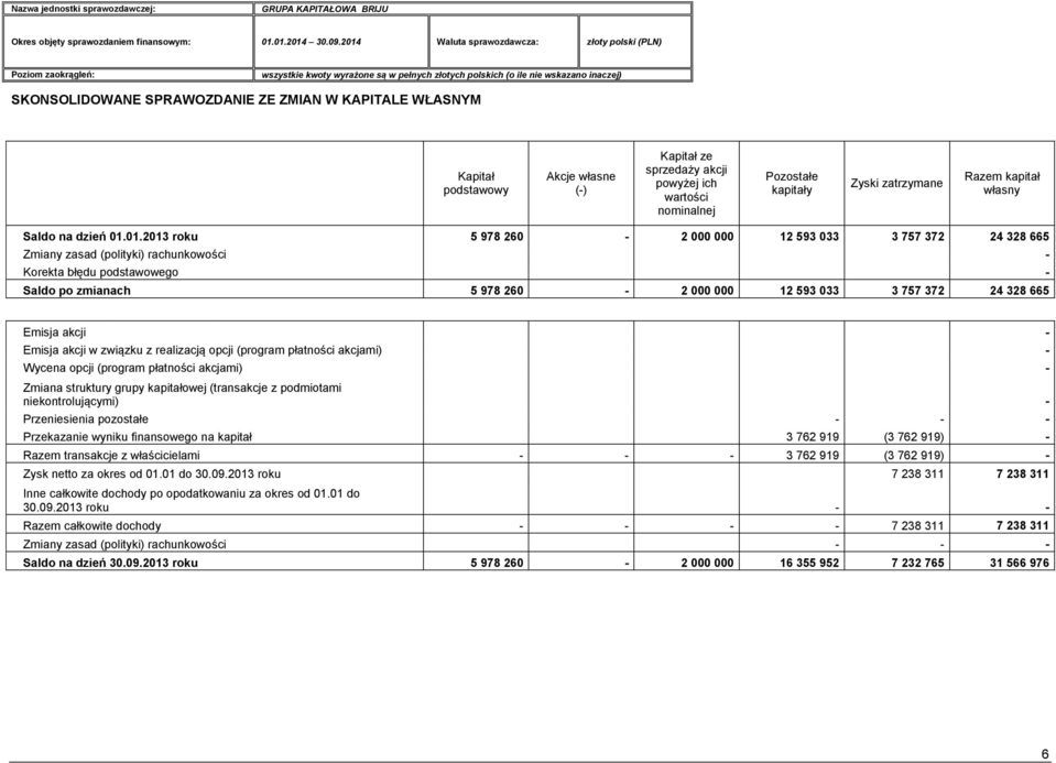 01.2013 roku 5 978 260-2 000 000 12 593 033 3 757 372 24 328 665 Zmiany zasad (polityki) rachunkowości - Korekta błędu podstawowego - Saldo po zmianach 5 978 260-2 000 000 12 593 033 3 757 372 24 328