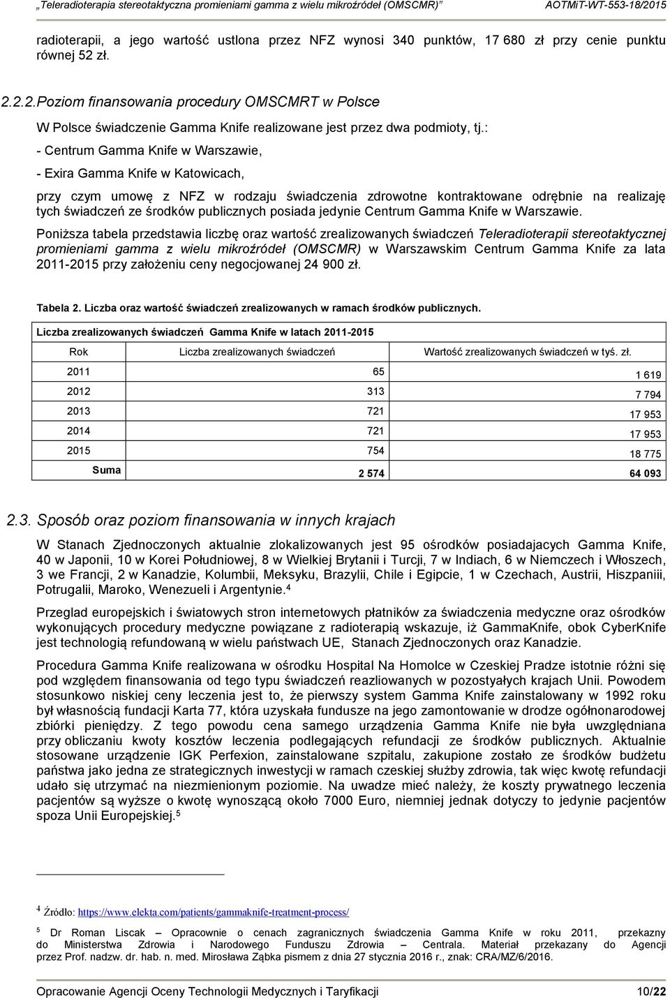 : - Centrum Gamma Knife w Warszawie, - Exira Gamma Knife w Katowicach, przy czym umowę z NFZ w rodzaju świadczenia zdrowotne kontraktowane odrębnie na realizaję tych świadczeń ze środków publicznych