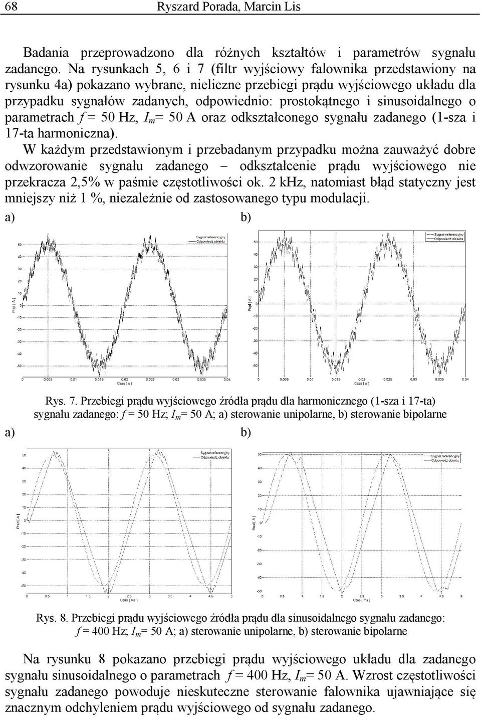 i sinusoidalnego o parametrach f = 50 Hz, I m = 50 A oraz odkształconego sygnału zadanego (1-sza i 17-ta harmoniczna).