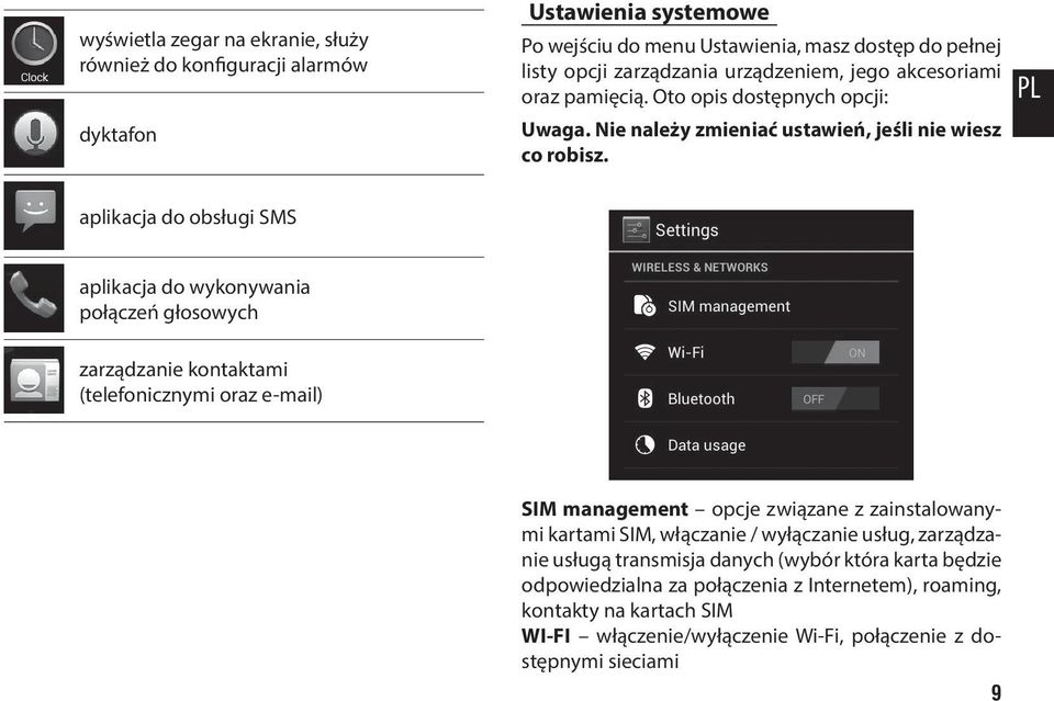 PL aplikacja do obsługi SMS aplikacja do wykonywania połączeń głosowych zarządzanie kontaktami (telefonicznymi oraz e-mail) SIM management opcje związane z zainstalowanymi kartami