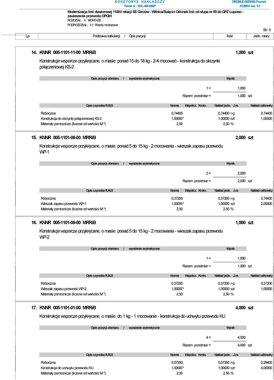 Konstrukcja do skrzynki połączeniowej KS-2 1,00000* 1,00000 szt 1,00000 Materiały pomocnicze (liczone od wartości M *) 2,50 2,50 % 15.