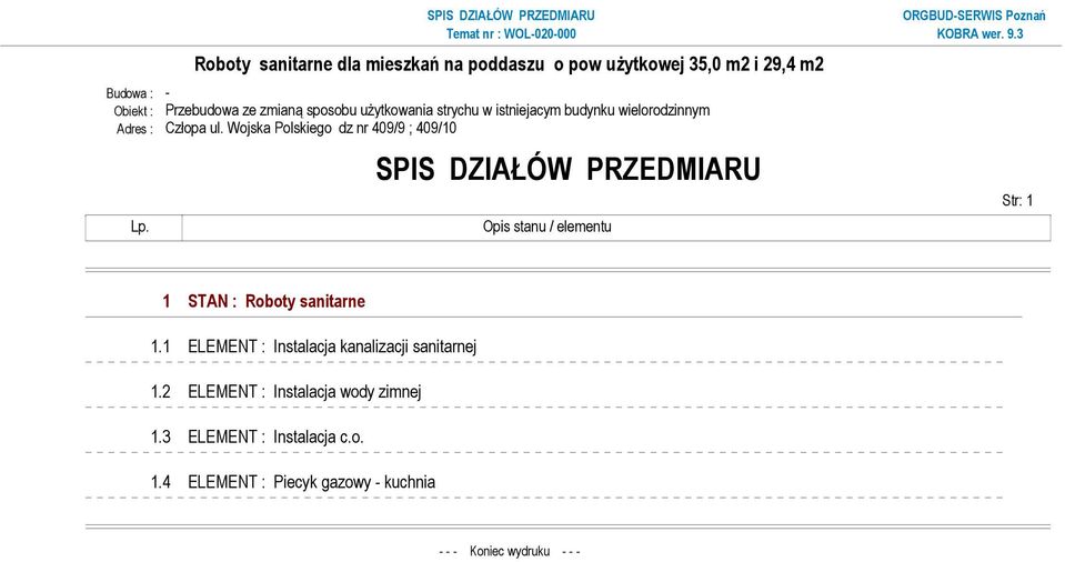 SPIS DZIAŁÓW PRZEDMIARU Opis stanu / elementu Str: 1 1 STAN : Roboty sanitarne 1.