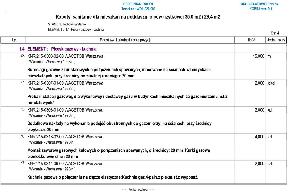 średnicy nominalnej rurociągu: 20 mm 44 KNR 215-0307-01-00 WACETOB Warszawa 2,000 lokal Próba instalacji gazowej, dla wykonawcy i dostawcy gazu w budynkach mieszkalnych za gazomierzem /inst.