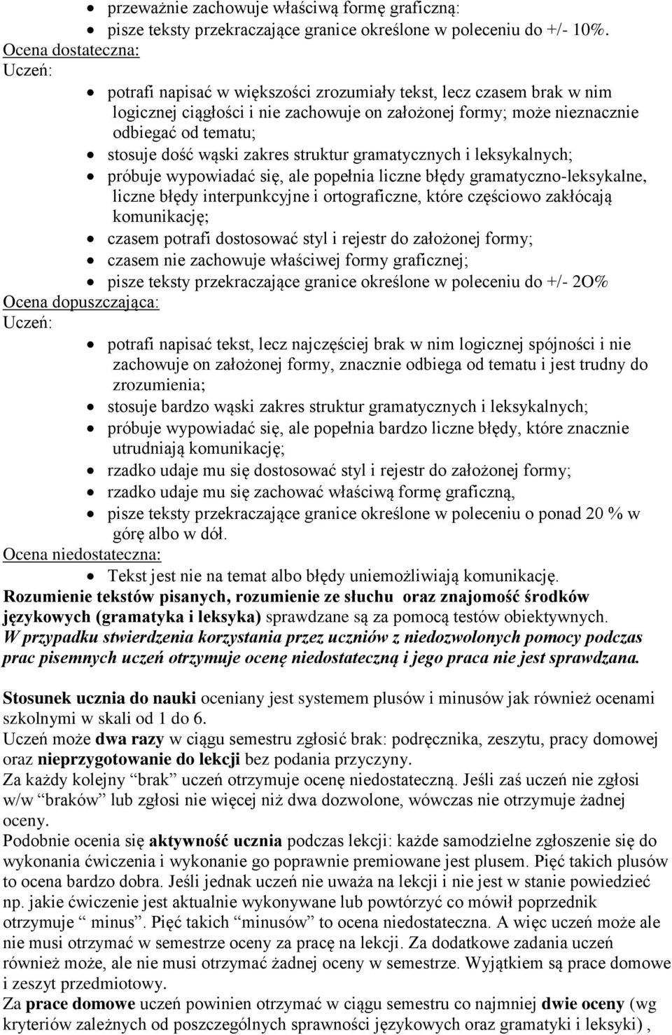 wąski zakres struktur gramatycznych i leksykalnych; próbuje wypowiadać się, ale popełnia liczne błędy gramatyczno-leksykalne, liczne błędy interpunkcyjne i ortograficzne, które częściowo zakłócają