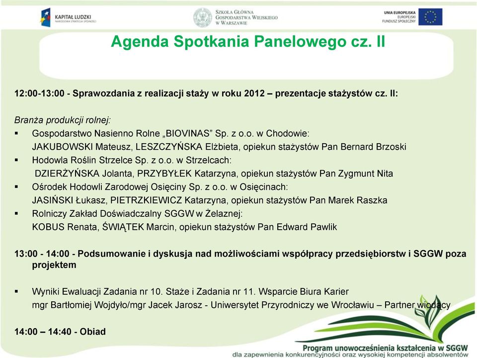 opiekun stażystów Pan Marek Raszka Rolniczy Zakład Doświadczalny SGGW w Żelaznej: KOBUS Renata, ŚWIĄTEK Marcin, opiekun stażystów Pan Edward Pawlik 13:00-14:00 - Podsumowanie i dyskusja nad