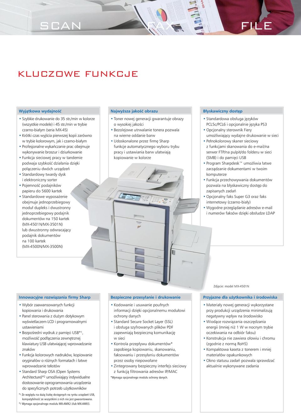 dziurkowanie Funkcja sieciowej pracy w tandemie podwaja szybkość działania dzięki połączeniu dwóch urządzeń Standardowy twardy dysk i elektroniczny sorter Pojemność podajników papieru do 5600 kartek