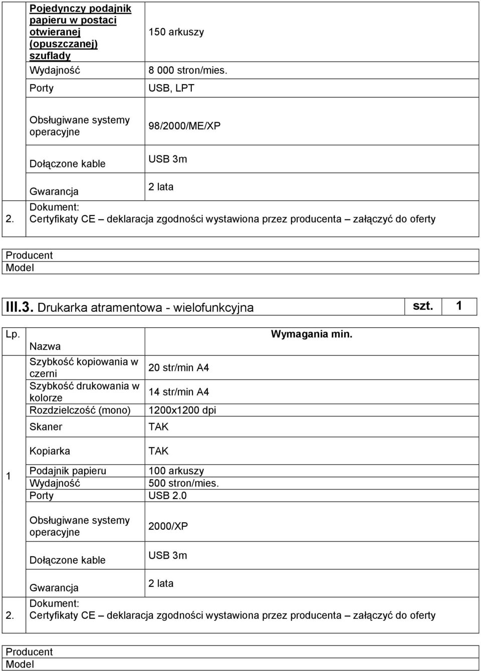 Szybkość kopiowania w czerni Szybkość drukowania w kolorze Rozdzielczość (mono) Skaner 20 str/min A4 14 str/min A4 1200x1200 dpi TAK Wymagania min.