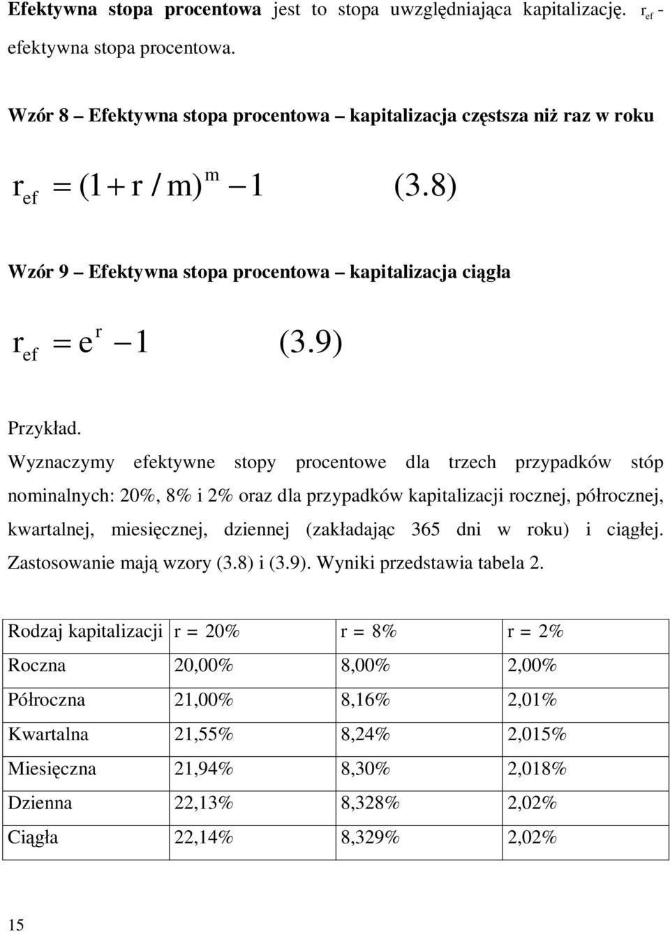 Wyzaczymy efektywe stopy pocetowe dla tzech pzypadków stóp omialych: 20%, 8% i 2% oaz dla pzypadków kapitalizacji oczej, półoczej, kwatalej, miesięczej, dzieej (zakładając 365